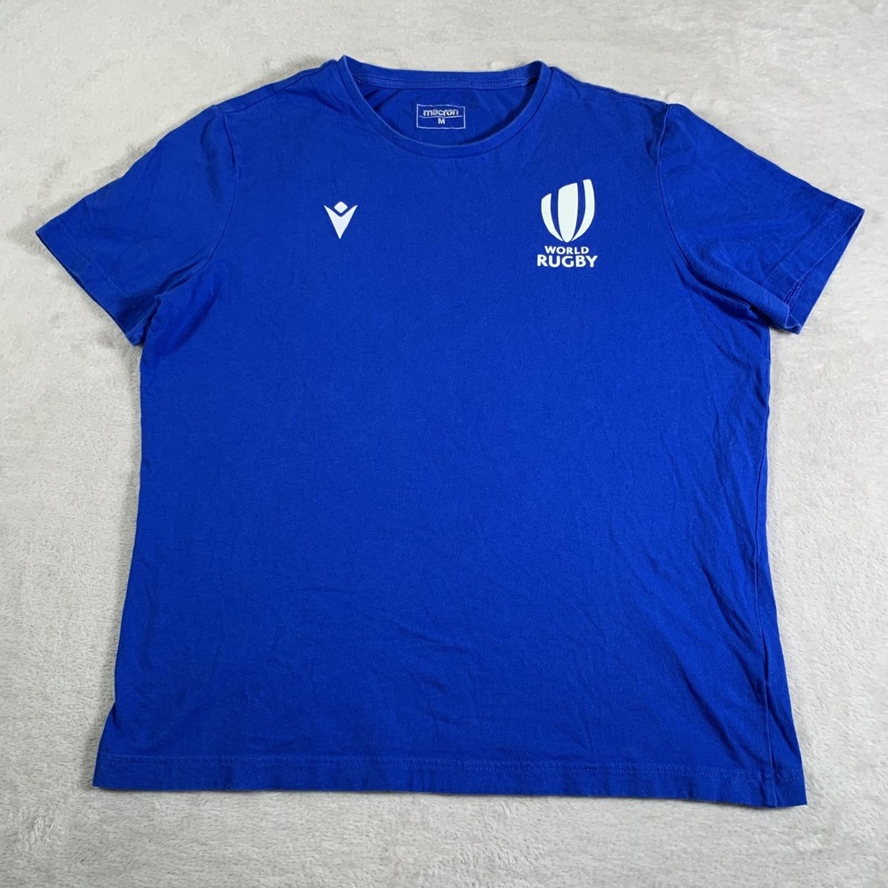 World‎ Rugby Shirt Mens Medium Blue Rugby Union Cotton Macron Athletic Tee